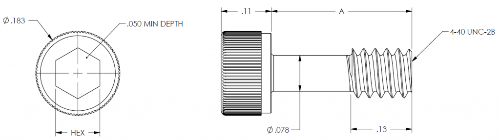 shows dimensions of captivated waveguide flange screws, screw head and shaft