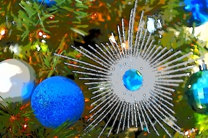 Paintbrush image of holiday ornaments on pine tree