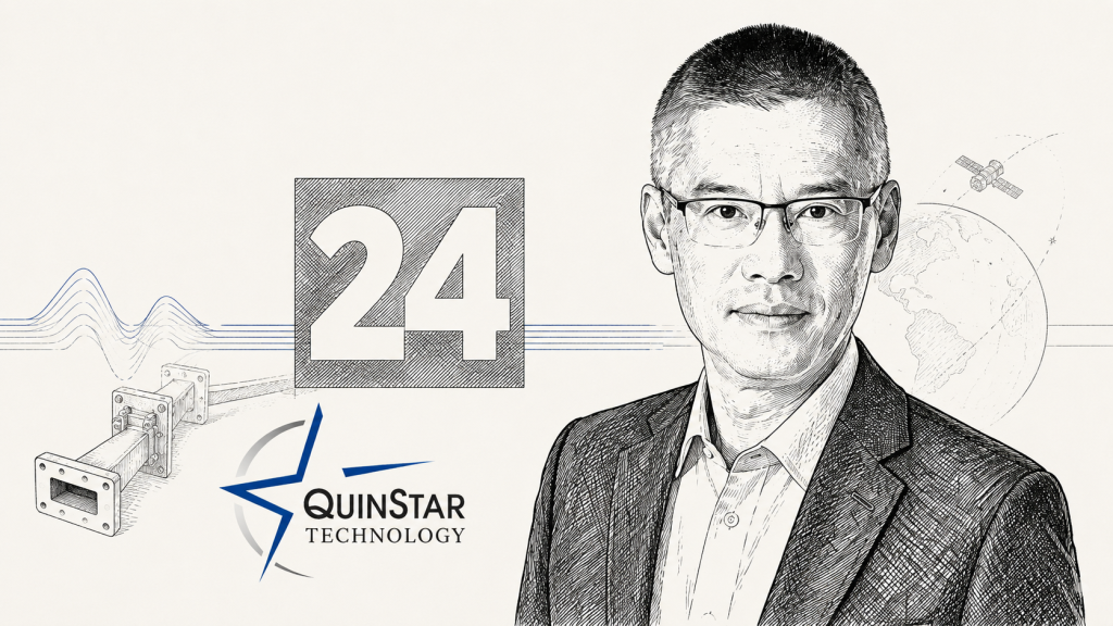 Line-drawing illustration of QuinStar CEO Leo Fong with QuinStar branding and a #24 ranking badge for Southern California aerospace and defense companies