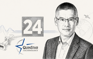 Line-drawing illustration of QuinStar CEO Leo Fong with QuinStar branding and a #24 ranking badge for Southern California aerospace and defense companies